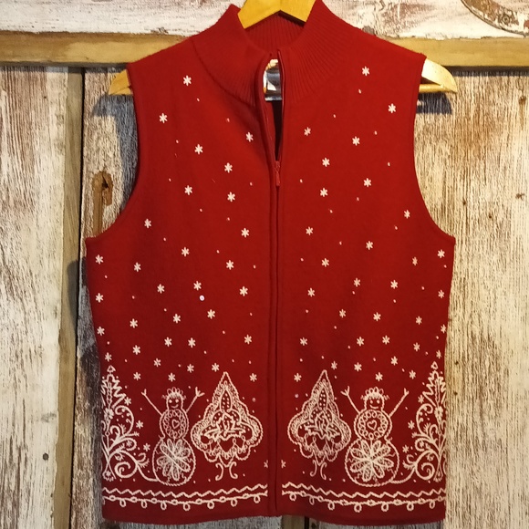 Talbots Sweaters - Christmas Red Vest Merino WoolEmbroidered Winter Festive Medium